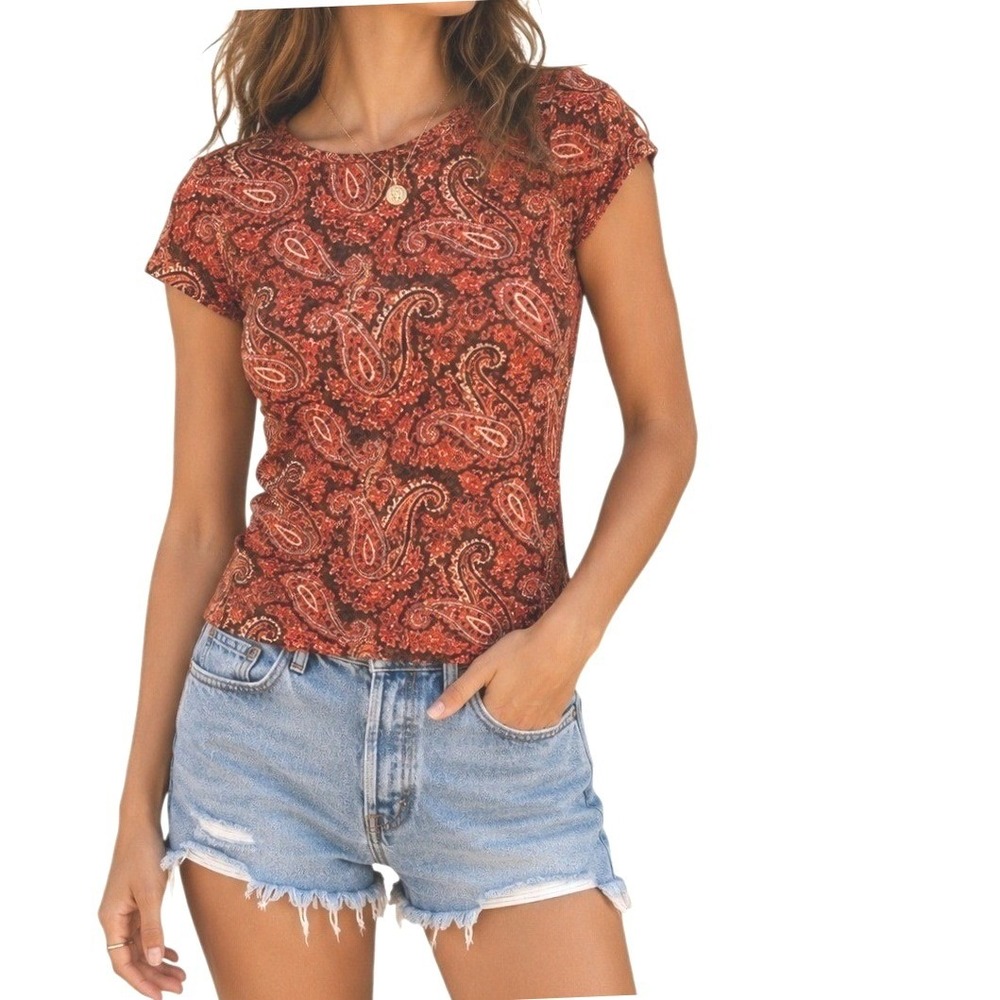 90's Limited America Paisley Mesh Tee Women Med Red Short Sleeve Stretchy Sheer